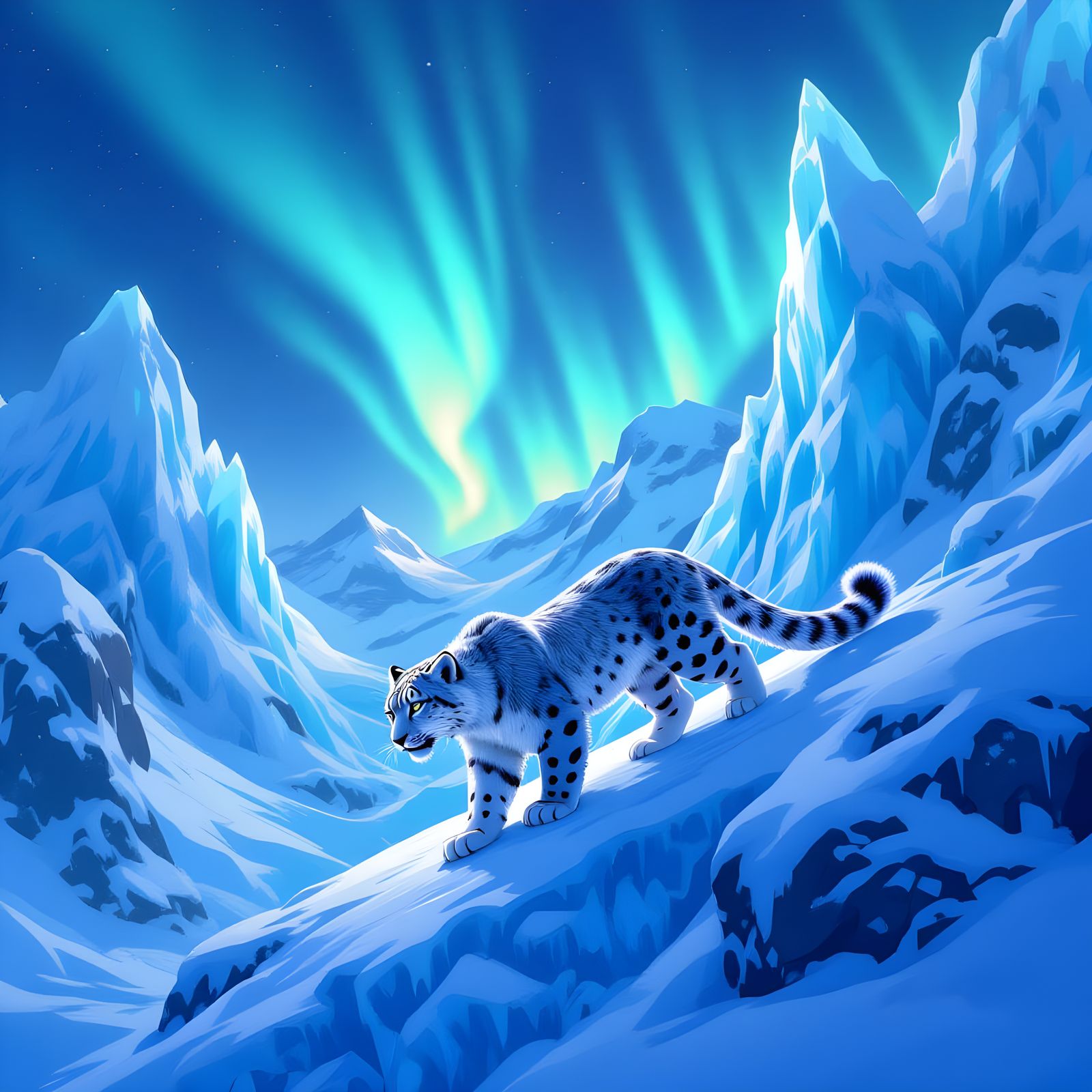 Majestic Snow Leopard Under Aurora Borealis