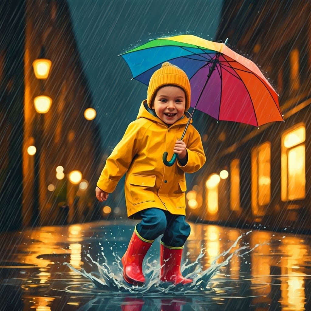 a joyful child dancing in the rain.