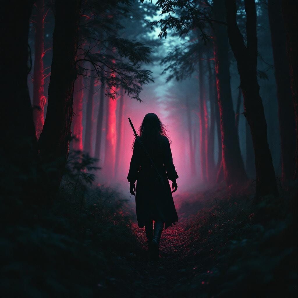 Mystical Huntress in Synthwave Forest: Cinematic Film Still