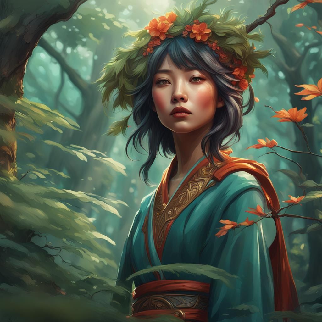Stylish Asian Woman in Forest: Detailed Digital Painting
