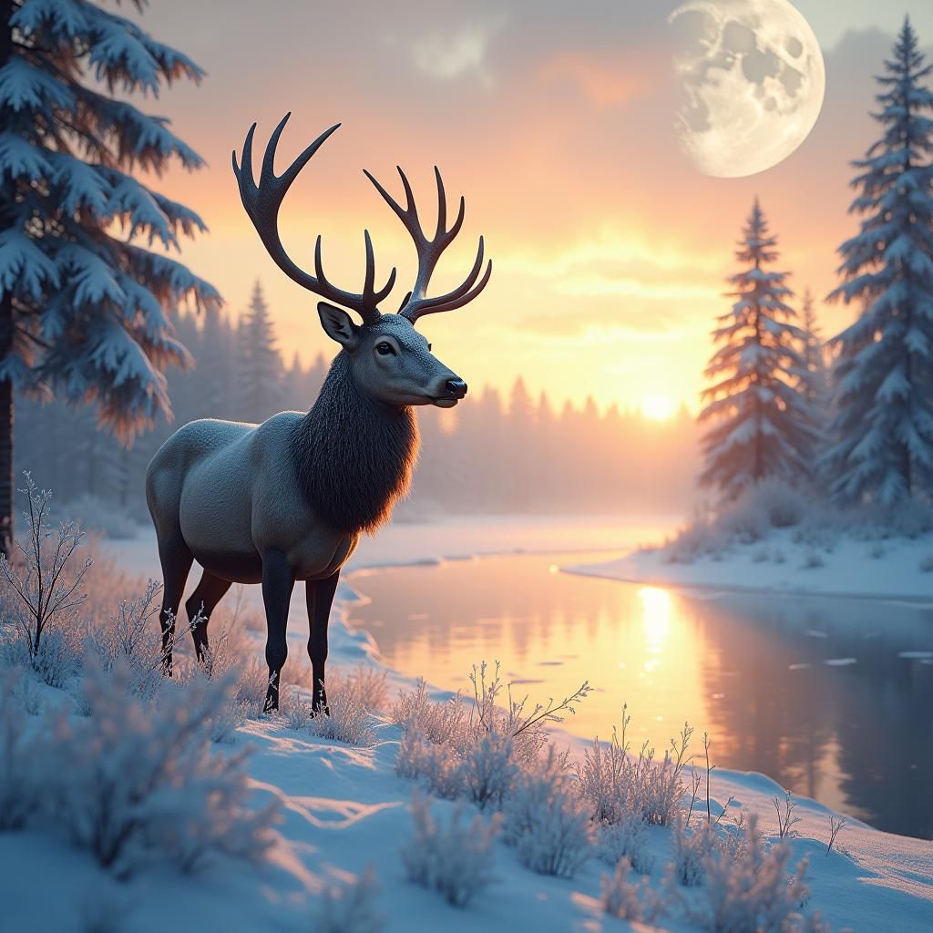 Majestic Deer in Wintry Landscape: Matte Painting