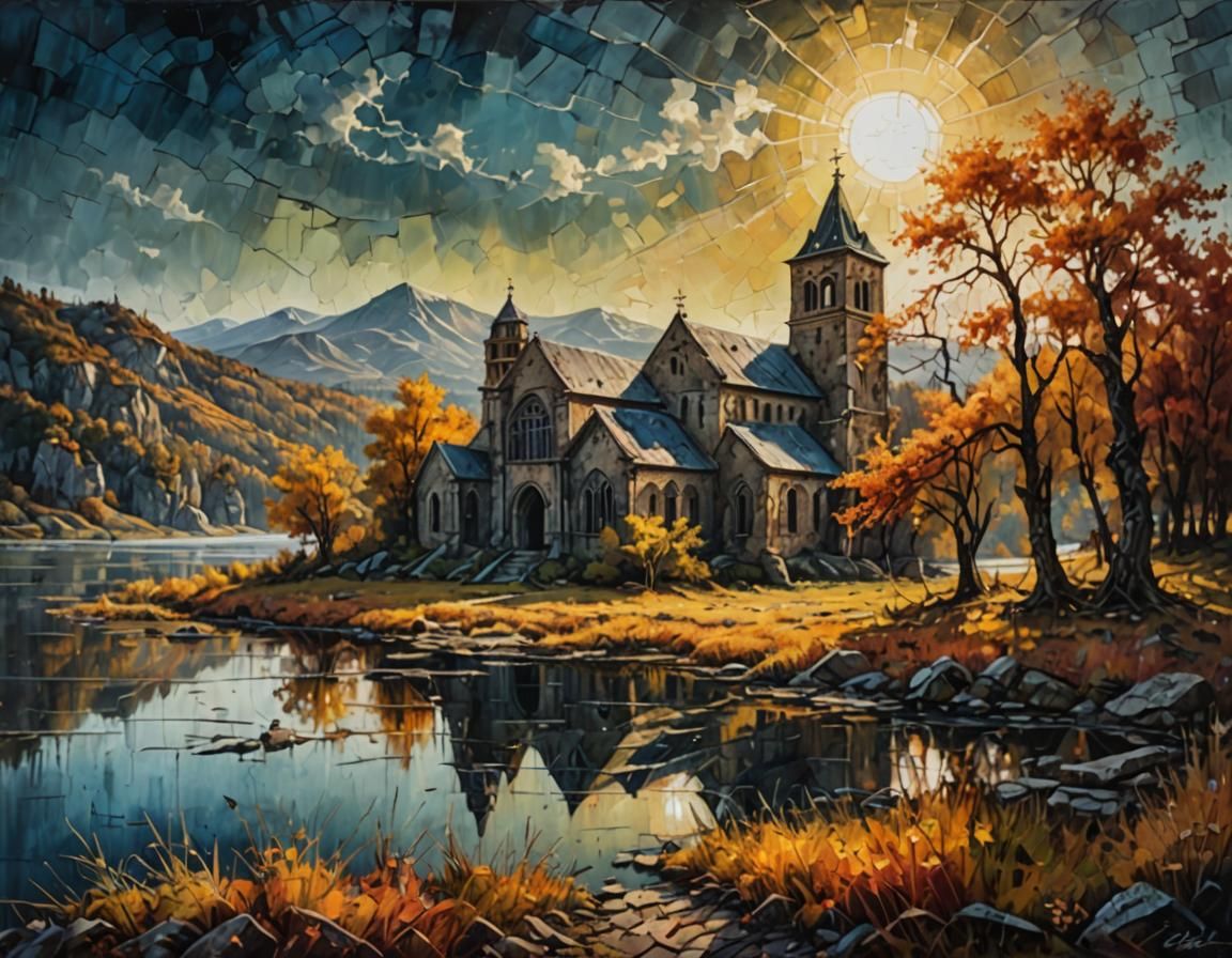 Autumn Monastery by the Lake in Acrylic Painting Style