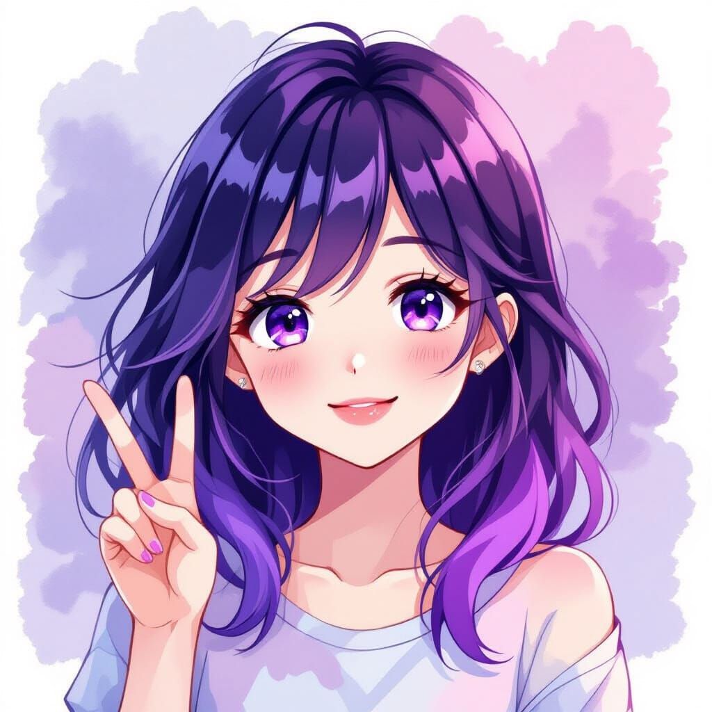 Cute Anime Girl Peace Sign in Watercolor Style