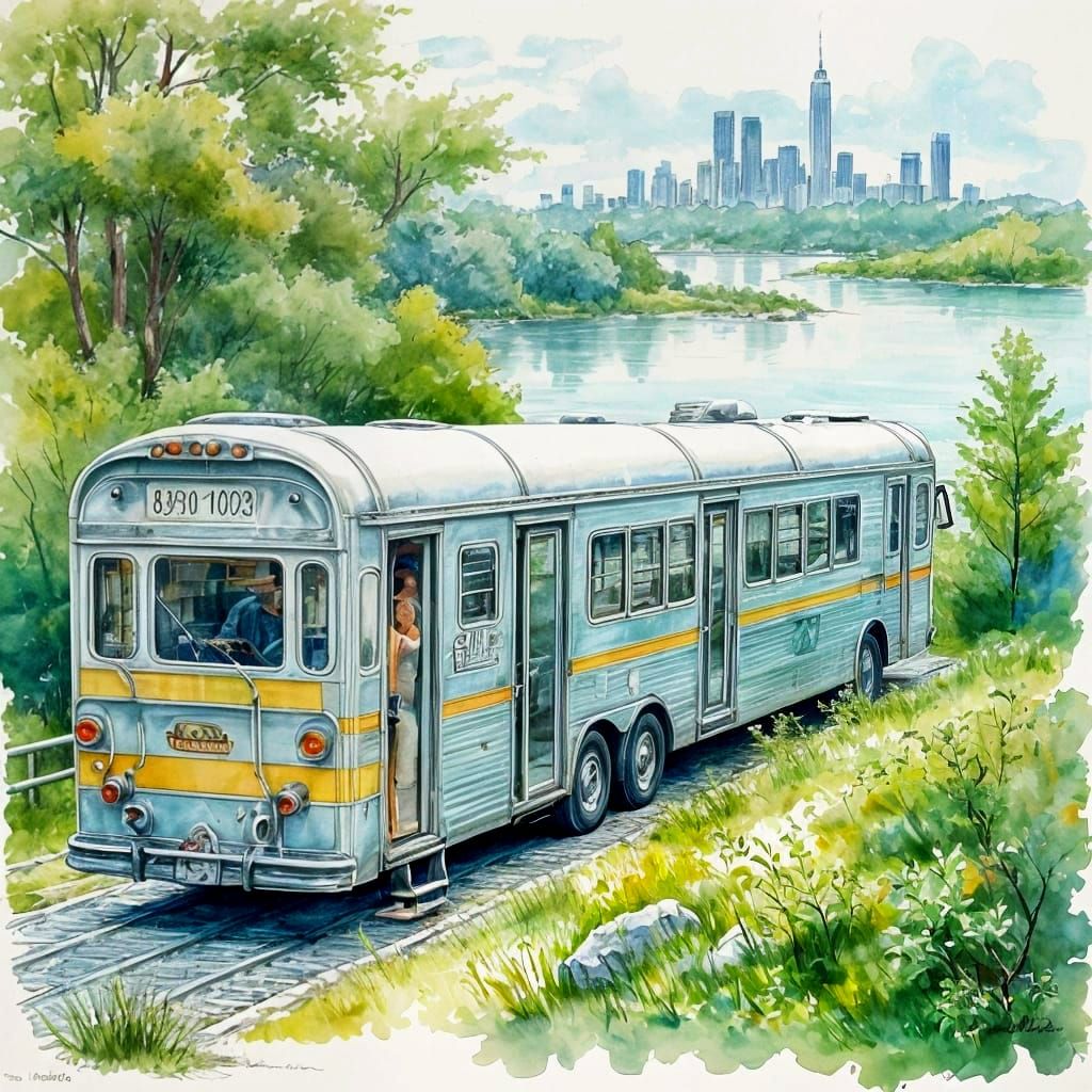 Watercolor Greyhound Bus on the Hudson River
