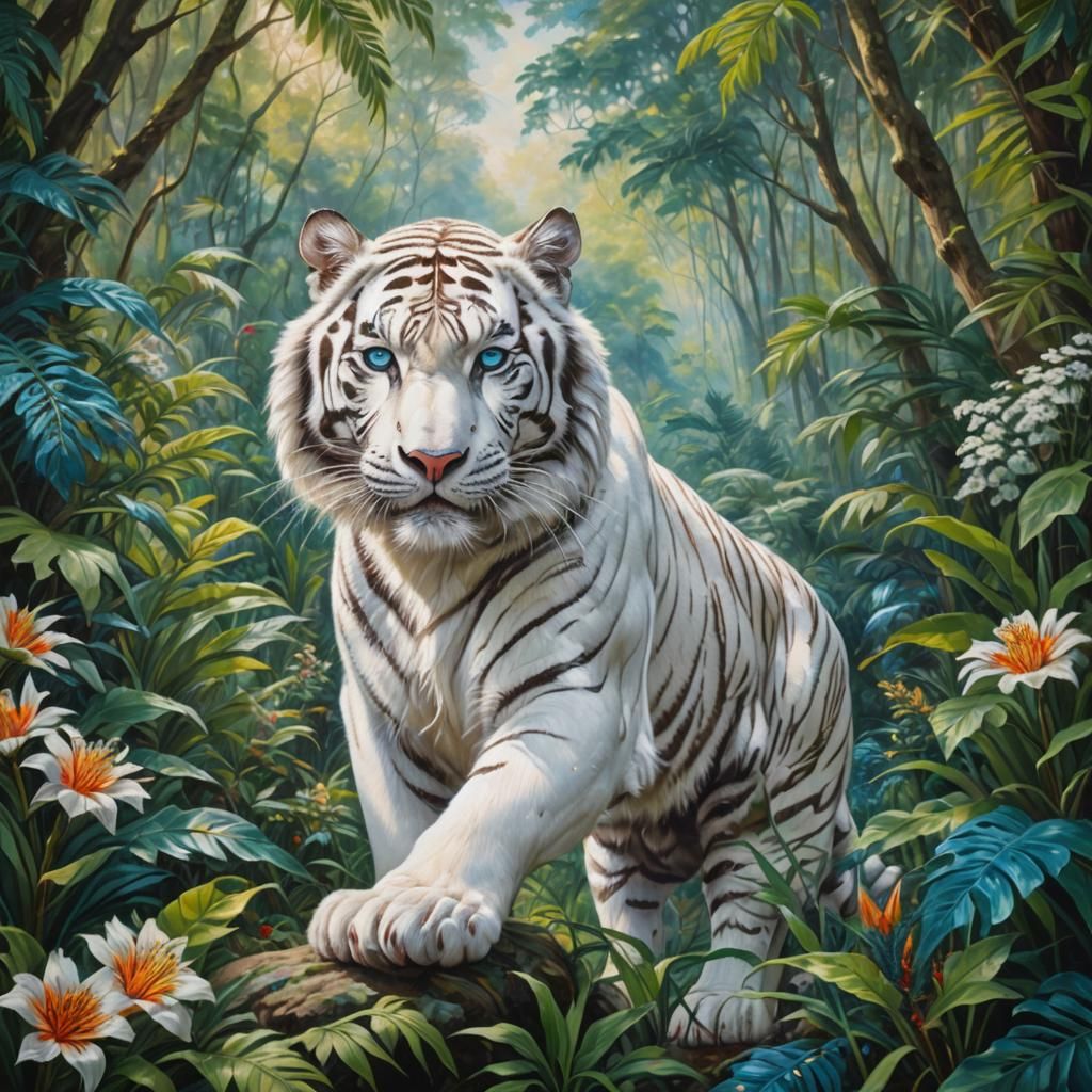 Regal White Tiger in Jungle, Oil Painting