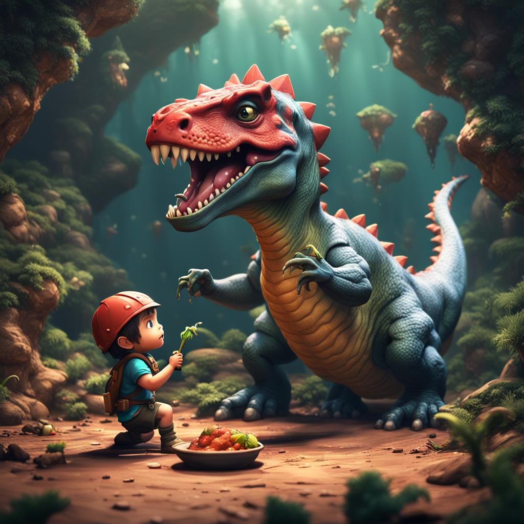 Chibi Dino's Meal: A Fantastical Scene