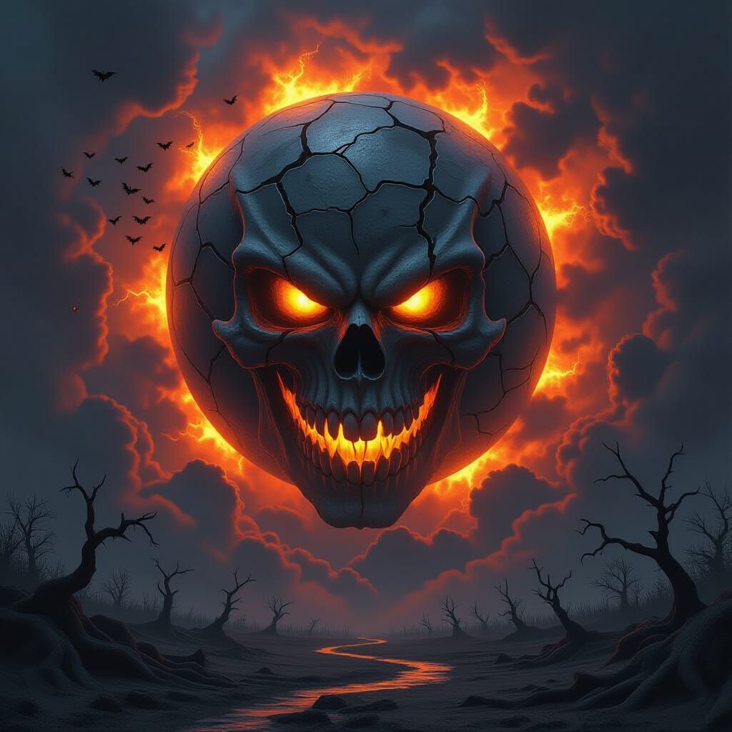 Evil Skull Moon Dominates Dark Sky with Fire Ring