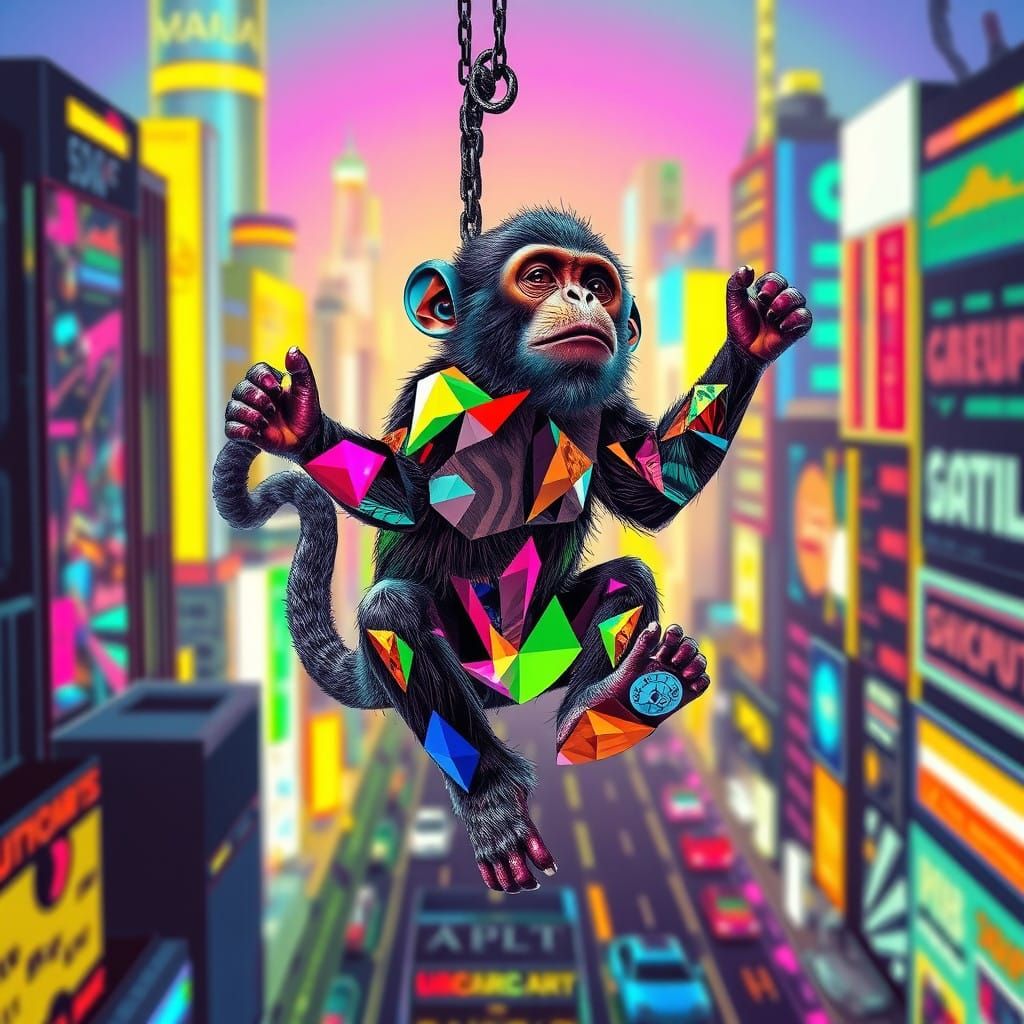 Cubist Monkey Swing through Pop Art Metropolis