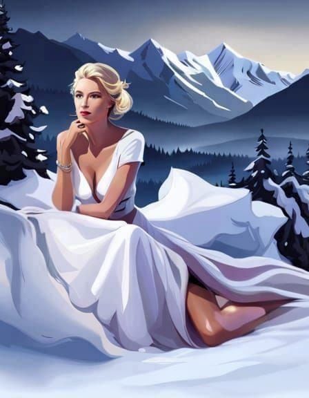 Woman in White Dress in Winter Snow