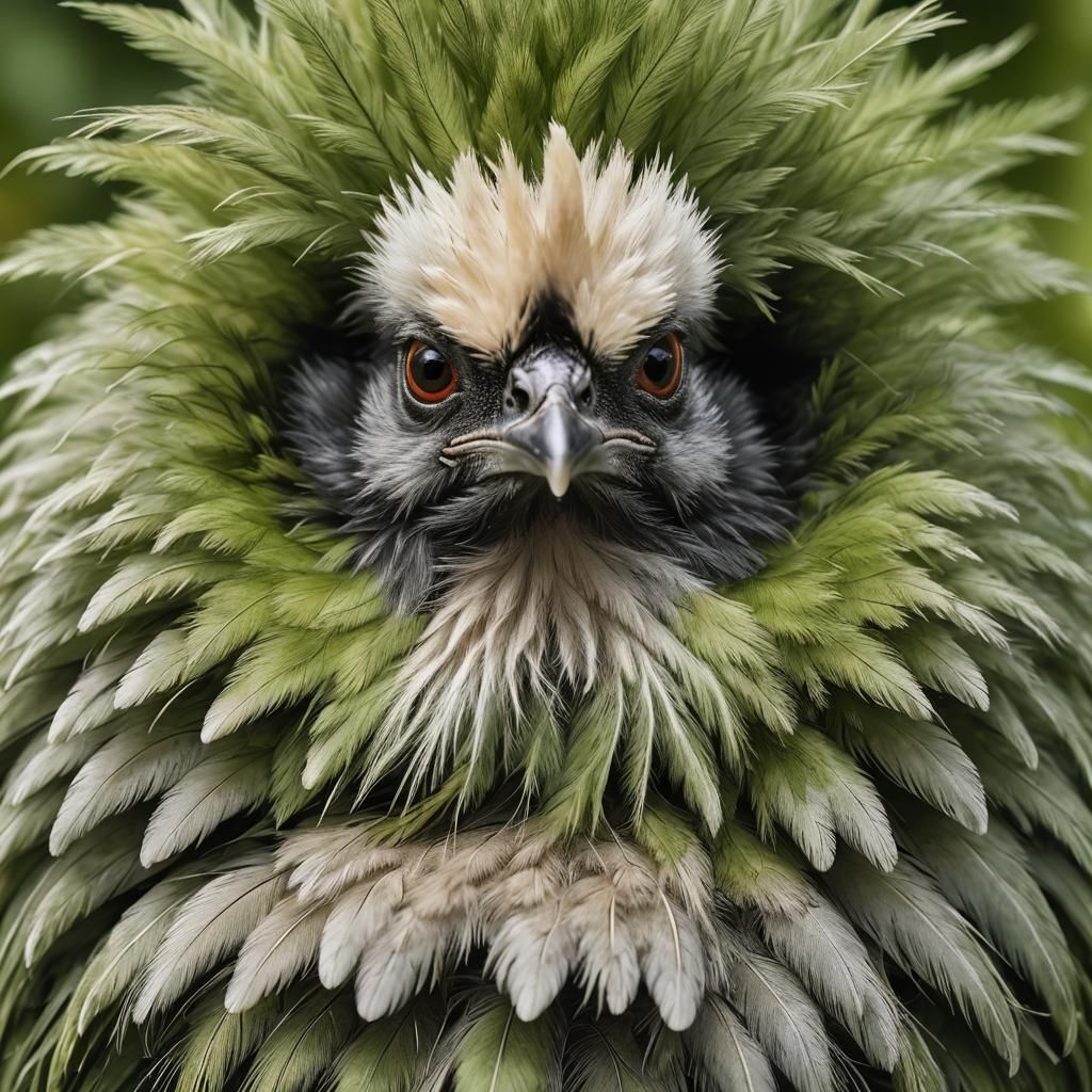 Delicate Silkie Chicken in Lush Garden: Macro Photography