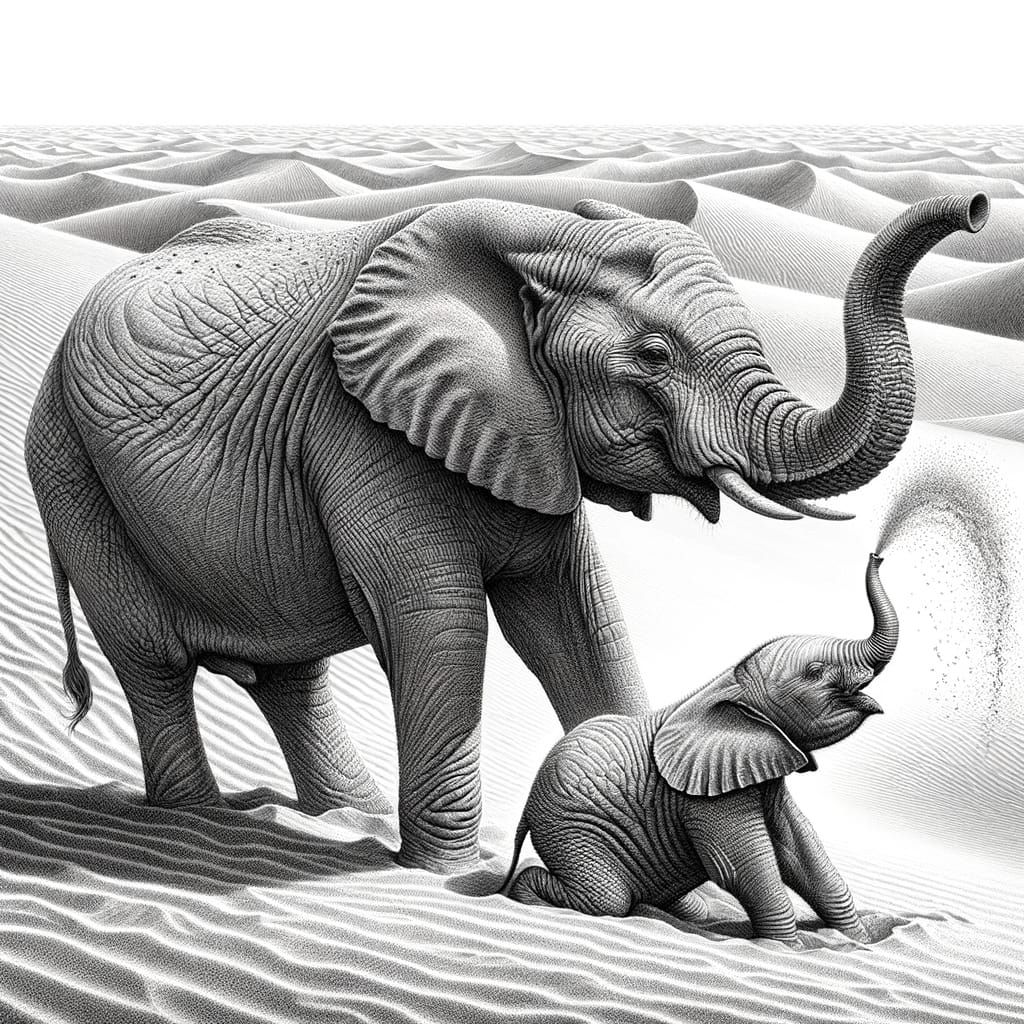 Elephants in Desert: Detailed Black and White Engraving