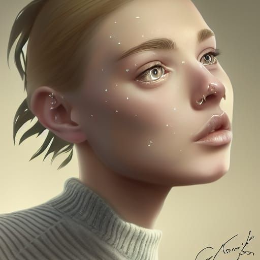 a young woman with freckles on her face, cgsociety, realistic shaded perfect body, prominent jawline, computer drawing, ...
