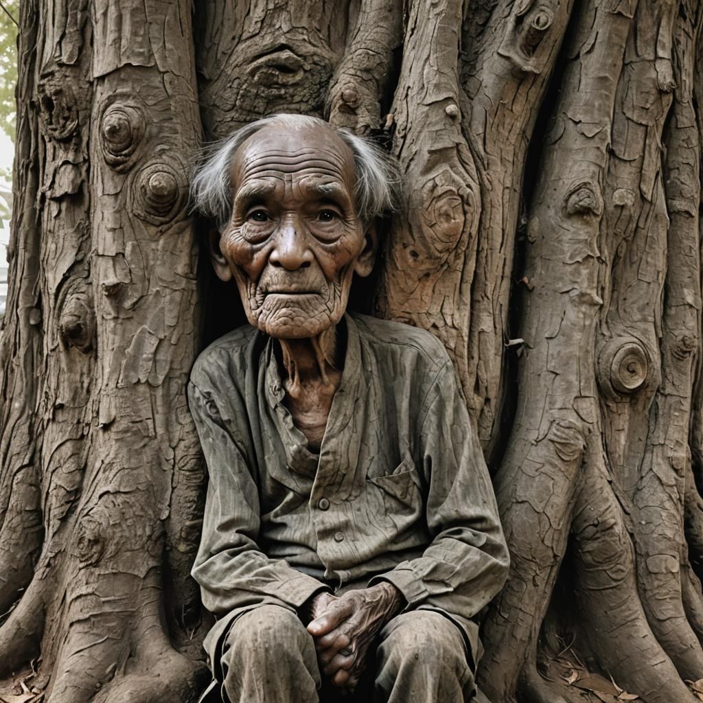 Ancient Face Carved on Tree with Old Person