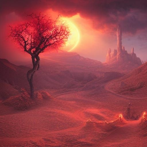 Red Door in Desert Dawn Glowing Storm