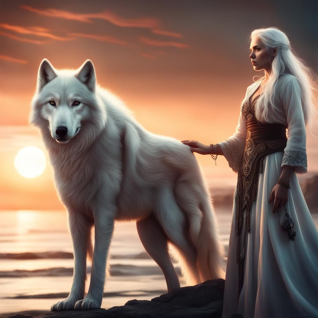 Woman with White Wolf at Sunset: Digital Painting