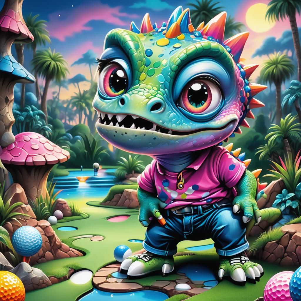 Vibrant Portrait of an Adorable Dinosaur Golfer in Whimsical...
