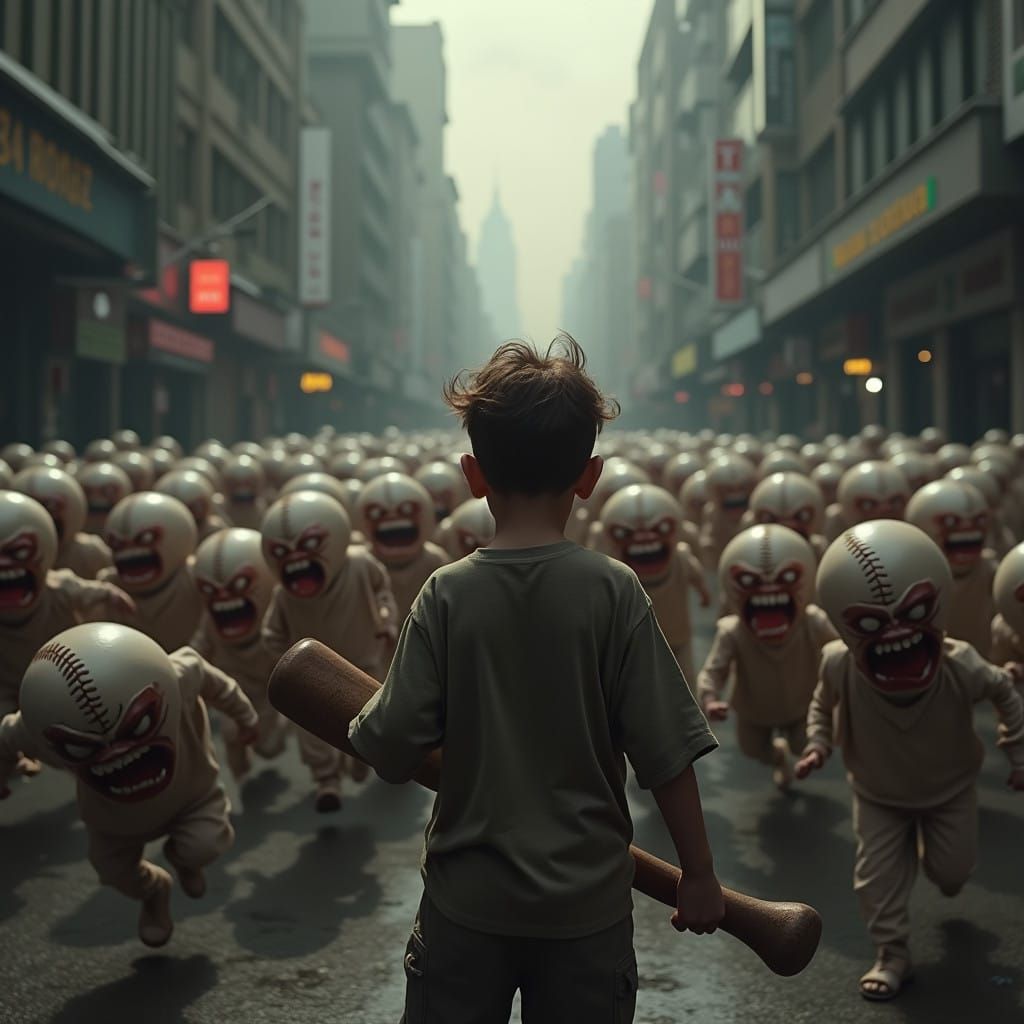 Heroic Boy Faces Fiery Baseball Army in Dark City