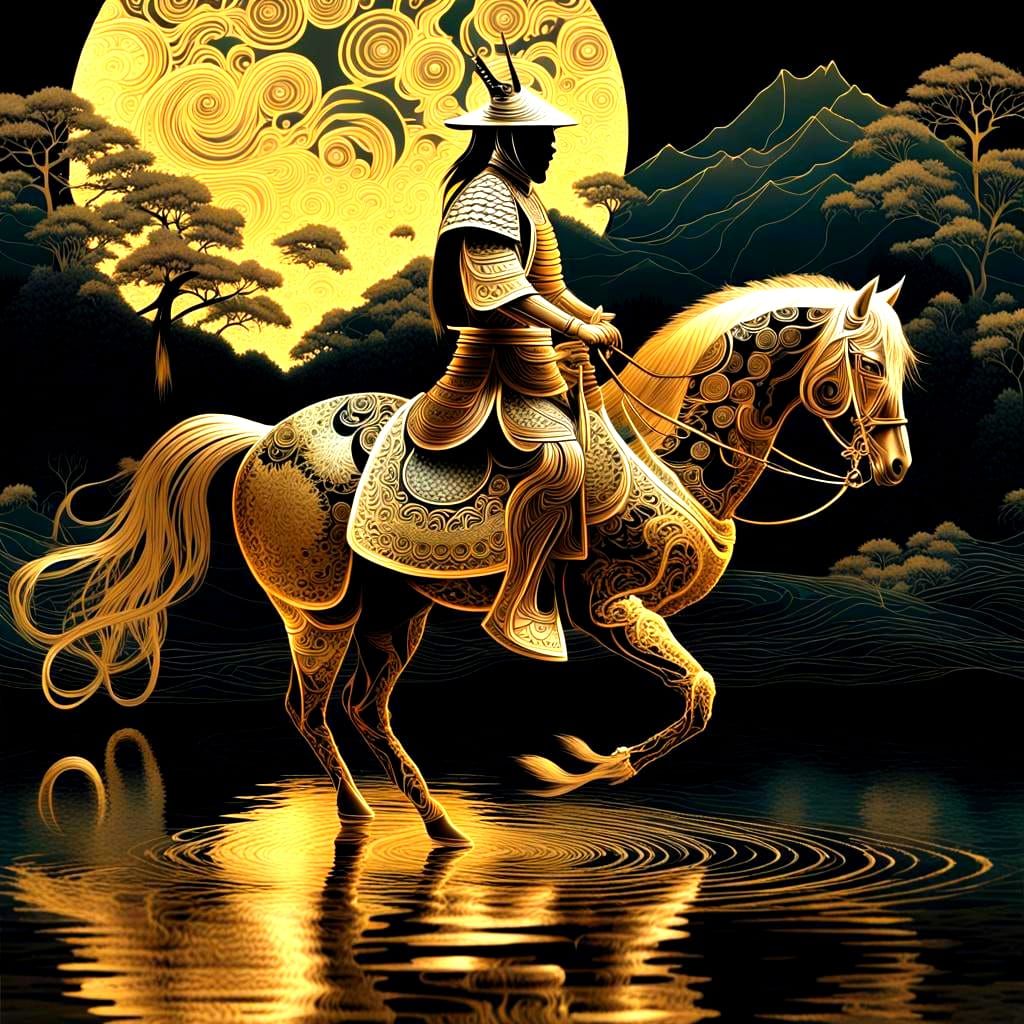 Bioluminescent Gold Samurai on Horseback in Japanese Style