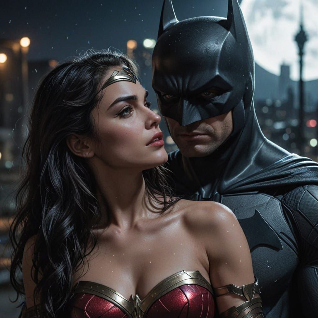 Passionate Batman and Wonder Woman in a Romantic Comic Scene