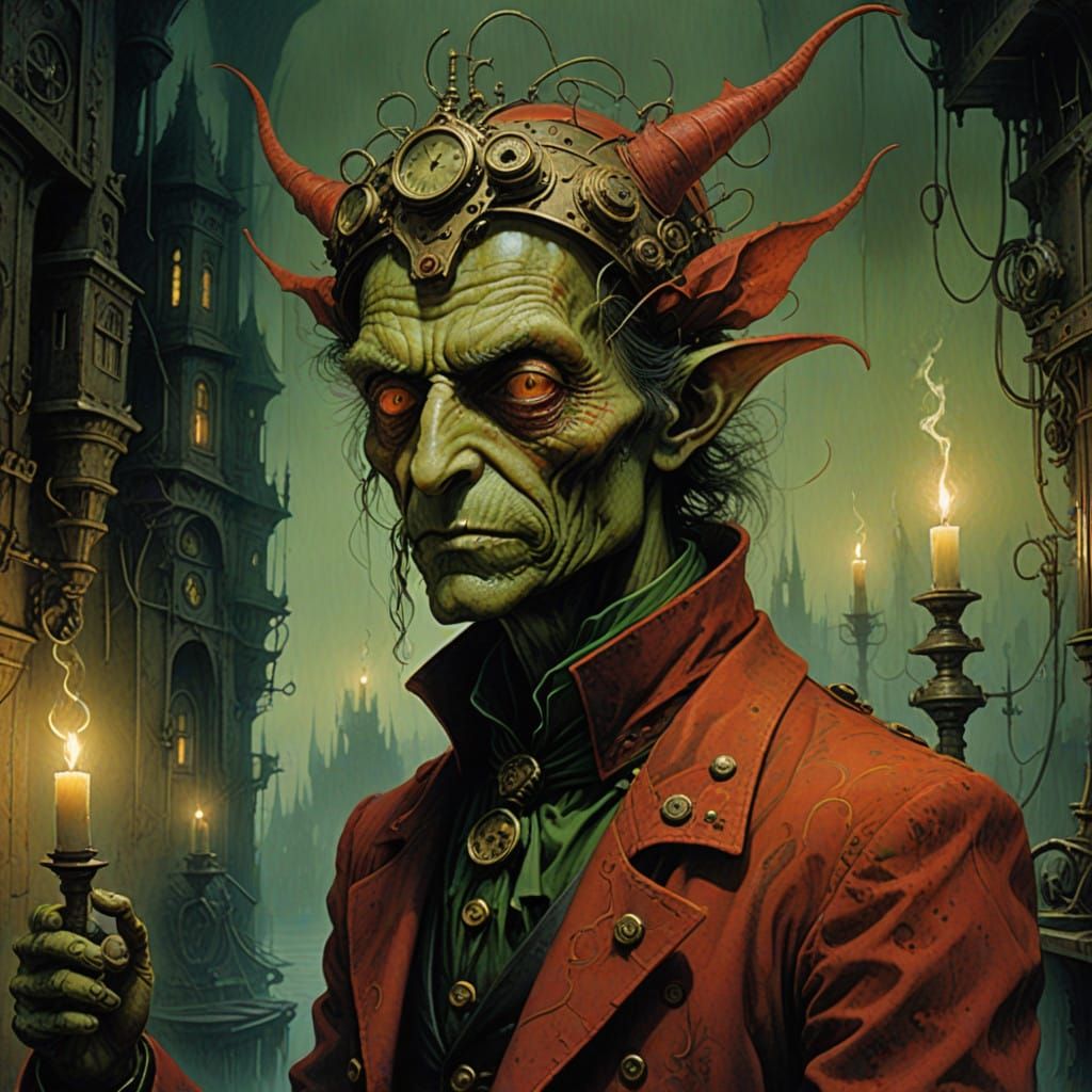 Steampunk Jester in Red Outfit Expertly Juggles Knives Amids...