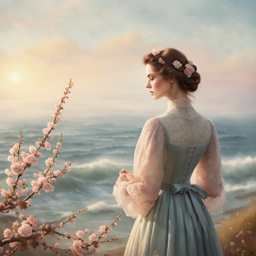 Ethereal Victorian Beauty Amidst Gentle Cherry Blossoms