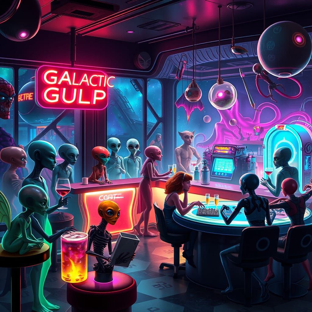Bar scene in "The Galactic Gulp" : an alien metropolis on a distant planet