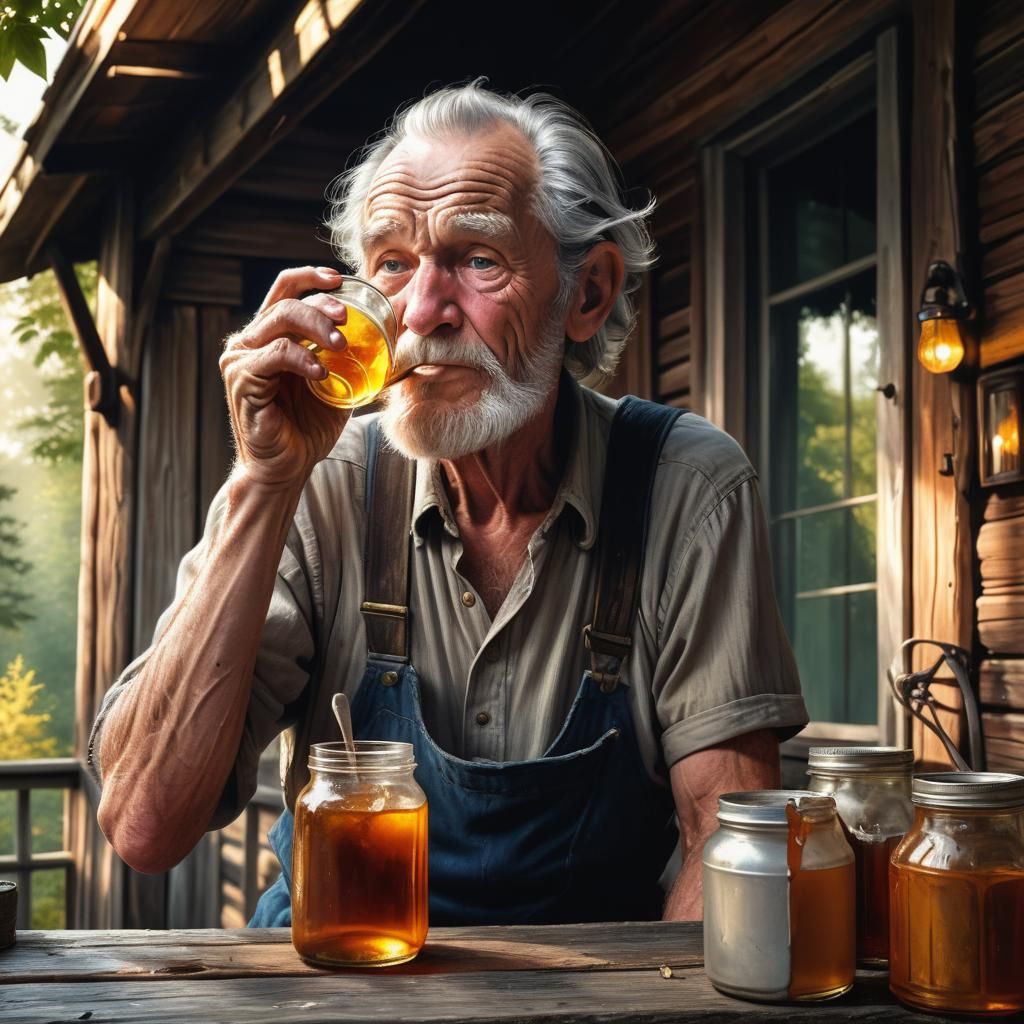Hyperrealistic Old Man with Moonshine on Porch