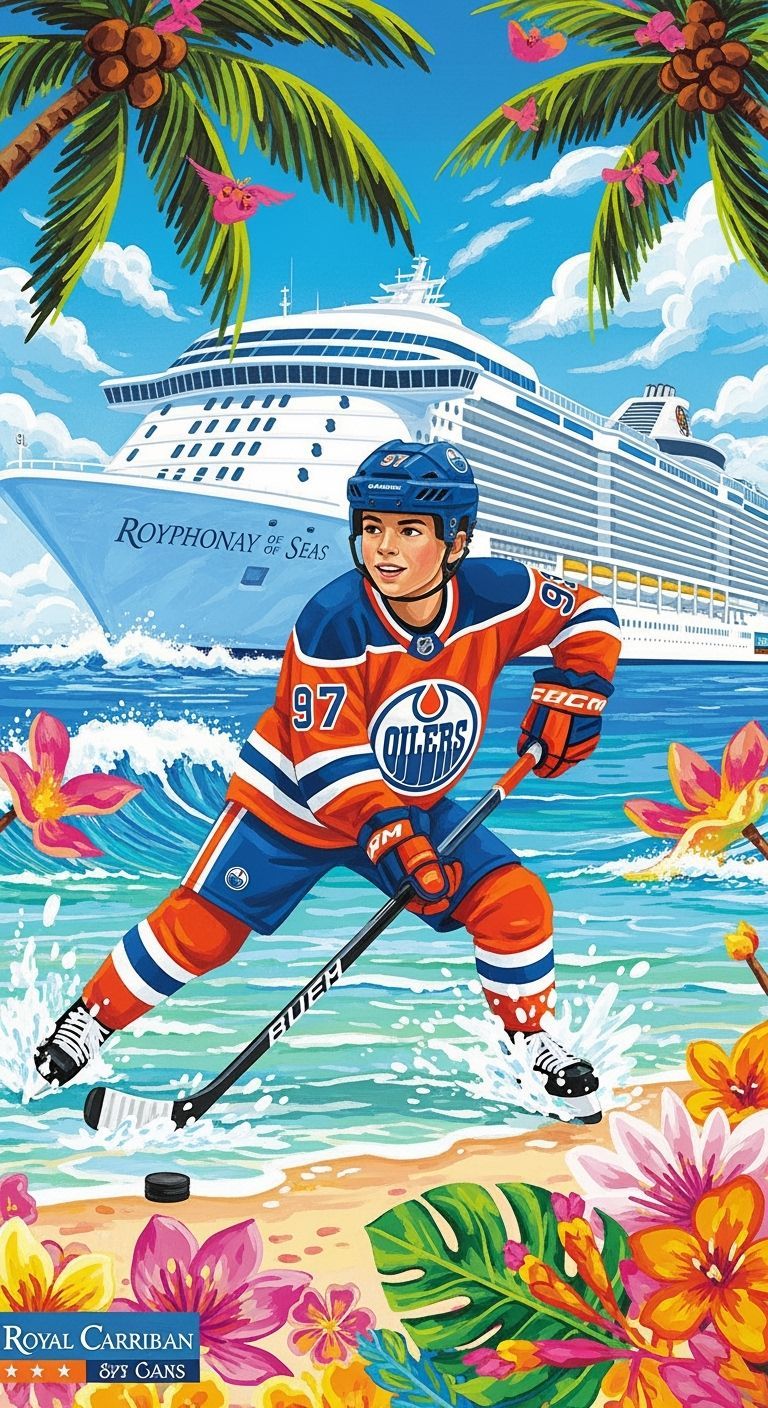 Boy Plays Hockey on Tropical Beach, Cheerful Art Style