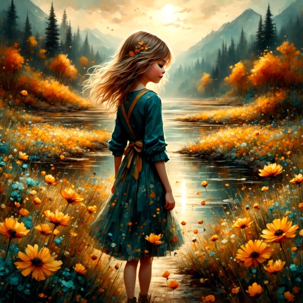 Woman Walks Through Sunlit Blooms in Hyperrealism