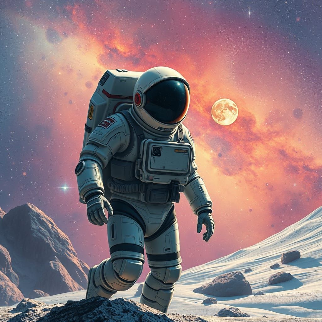Astronaut Exploring a Futuristic Celestial Landscape