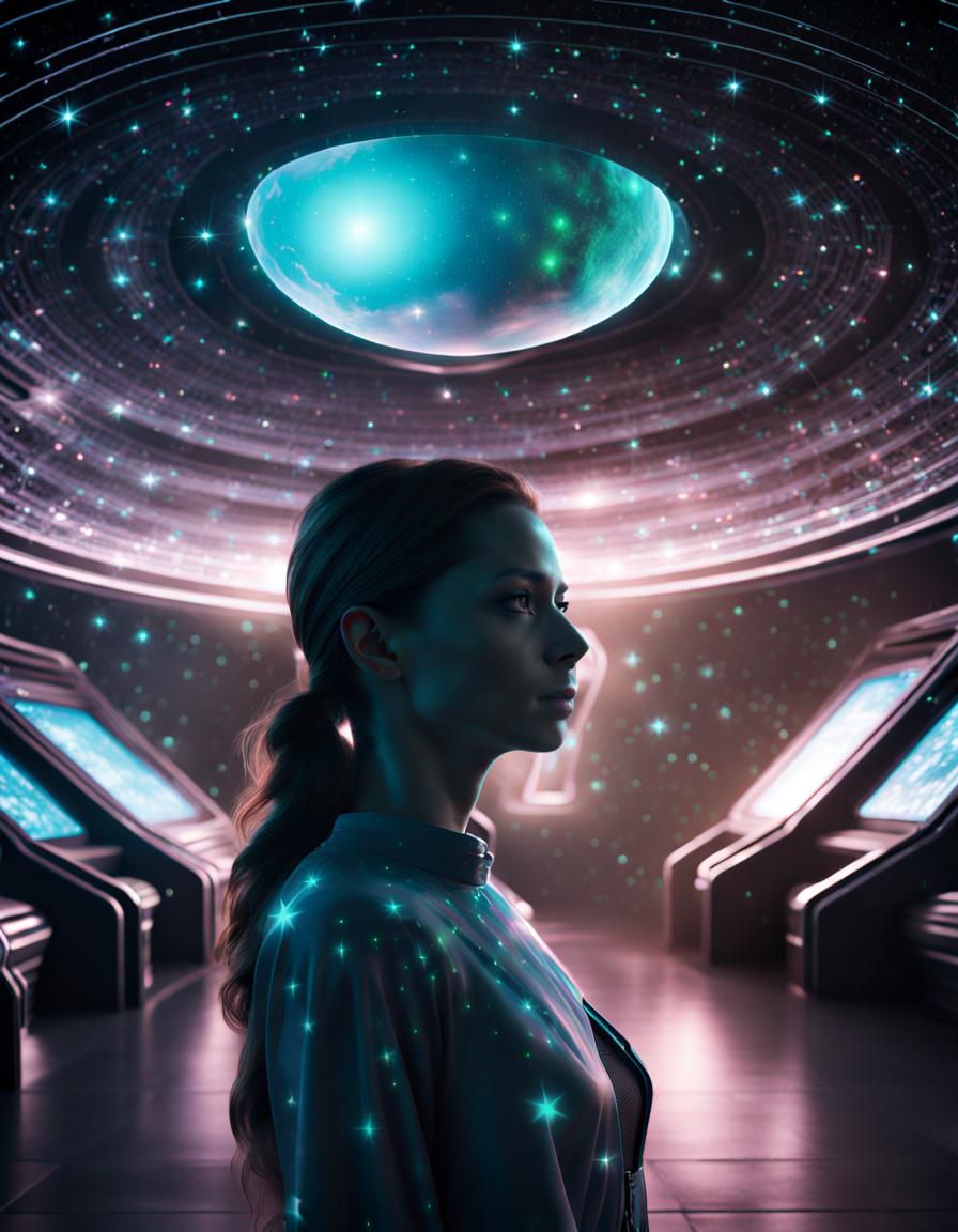 Holographic Woman on Alien Starship in Semi-Darkness