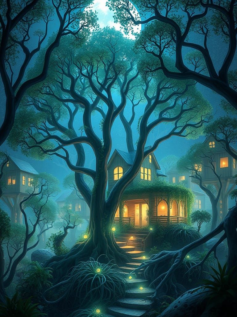 Luminous Moonlit Dreamscape Unfolds within Crystalline Fores...