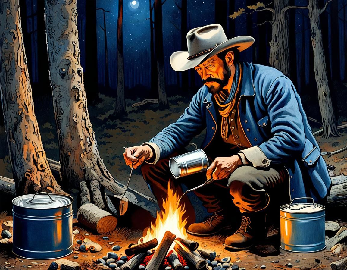 Grizzled cowboy eating beans out of a tin can