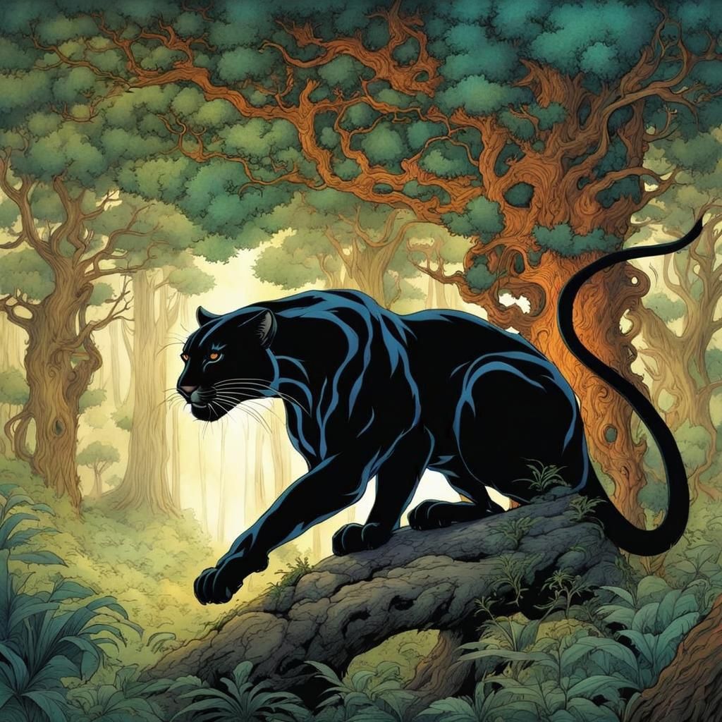 Enchanted Panther in Magical Forest, Arthur Rackham Style