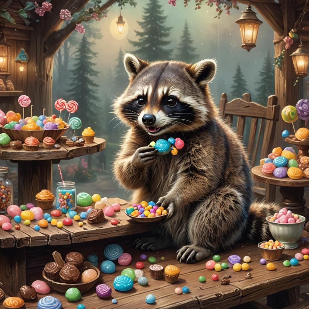 Racoon in a Vintage Candy Store, Ethereal Fantasy Art