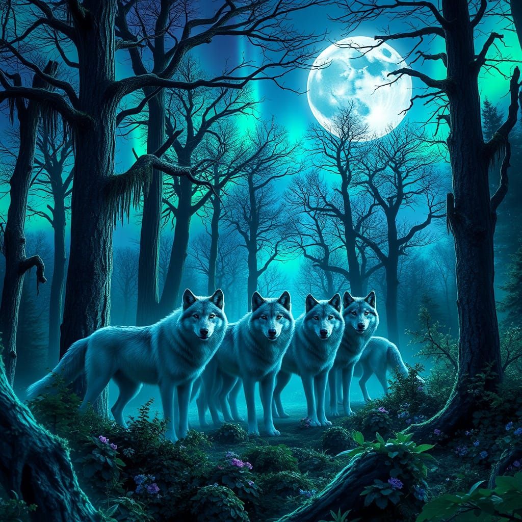 Majestic Wolves Amidst Celestial Forest