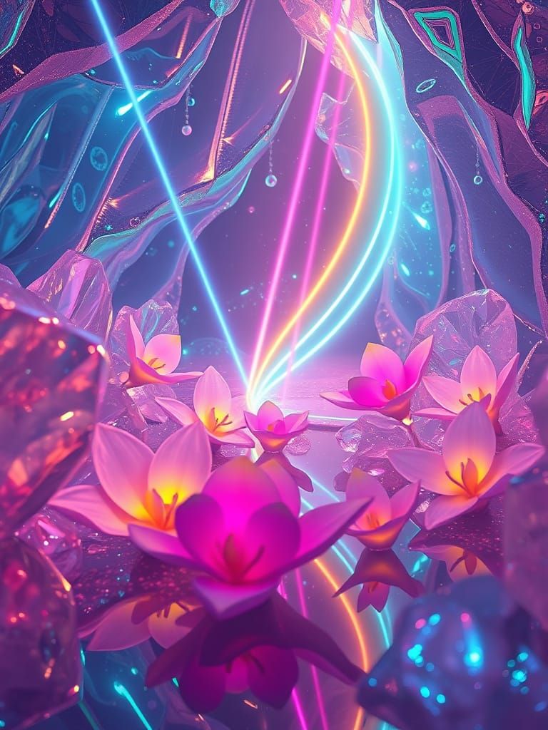 Ethereal Neon Oasis with Iridescent Blooms