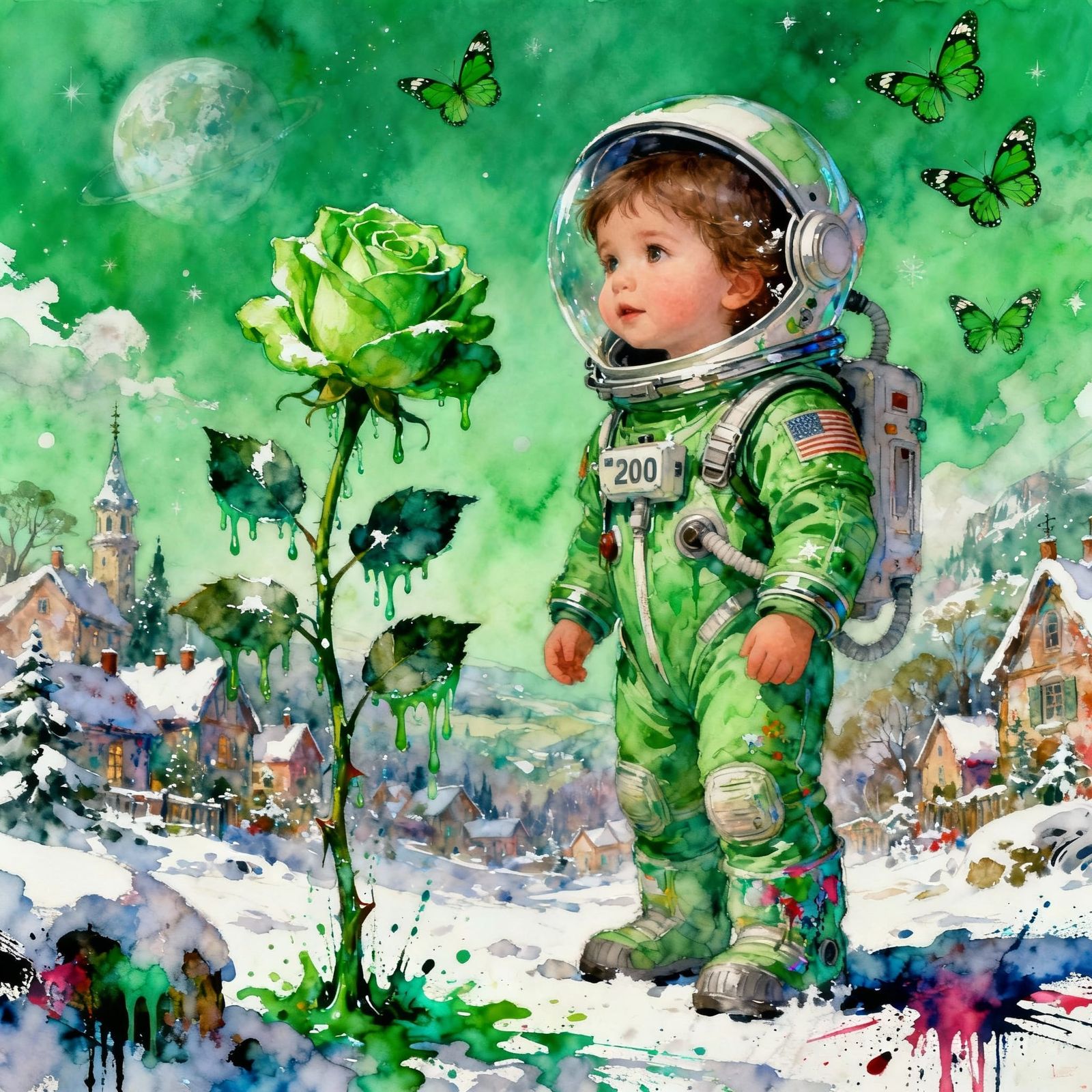 Toddler in Green Spacesuit Gazes at Winter Rose