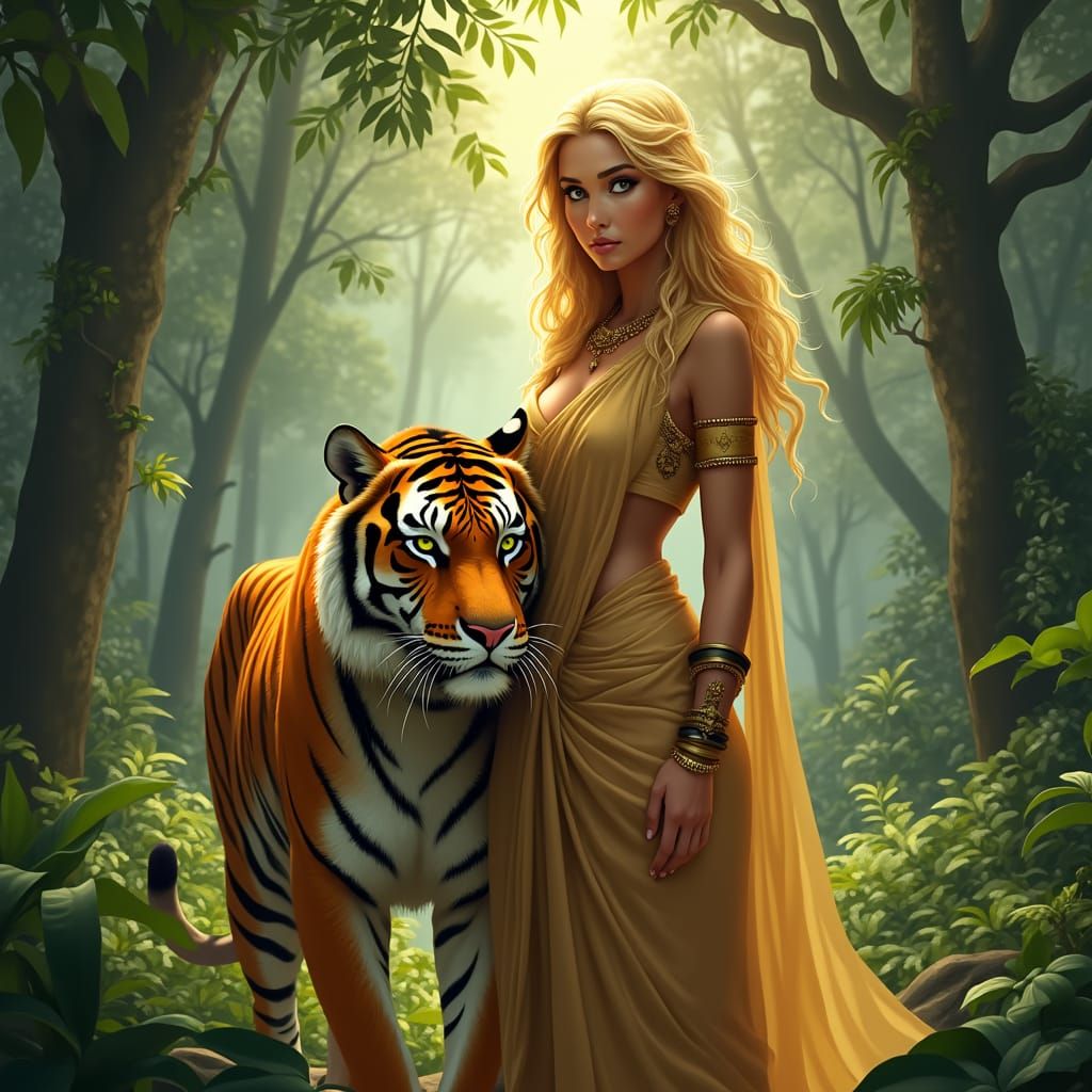 Ethereal Fantasy Queen with Her Regal Tiger Companion
