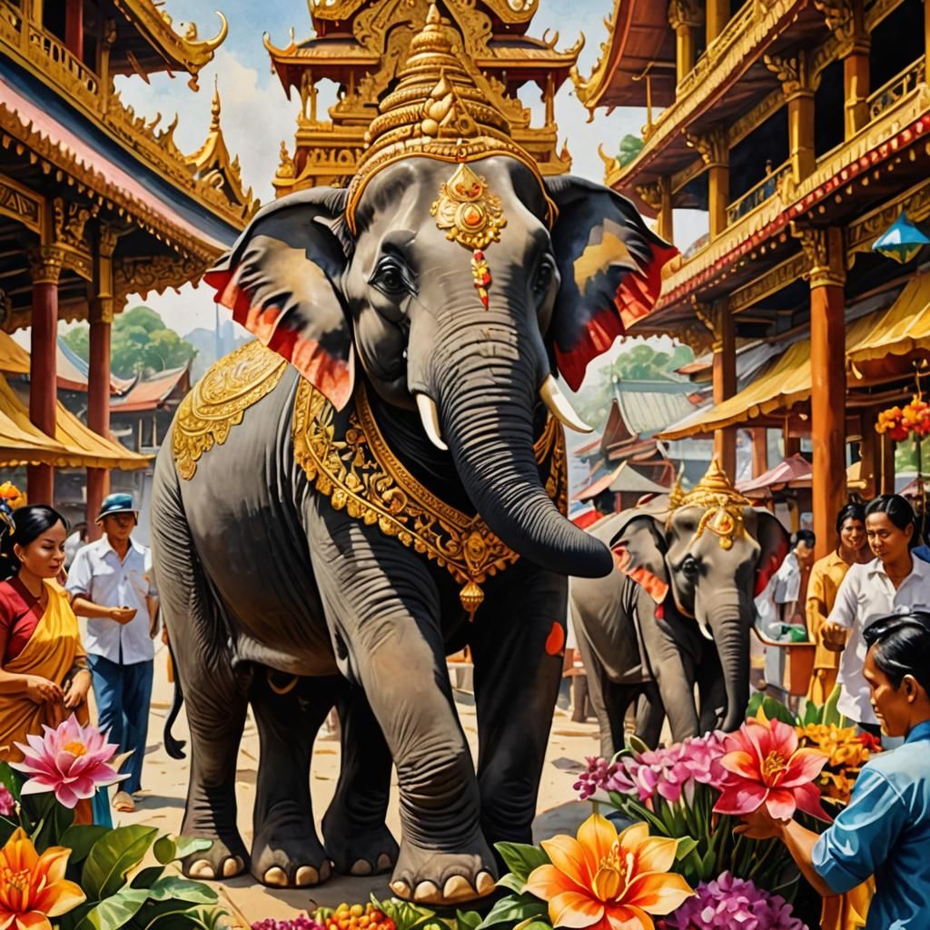 Thai Elephant in Watercolor Folk Art Style