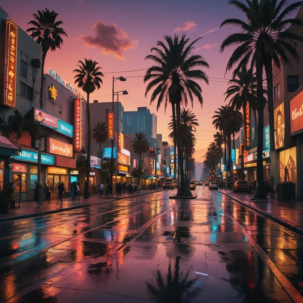 Hollywood Boulevard at Night: Retro-Futuristic Digital Paint...