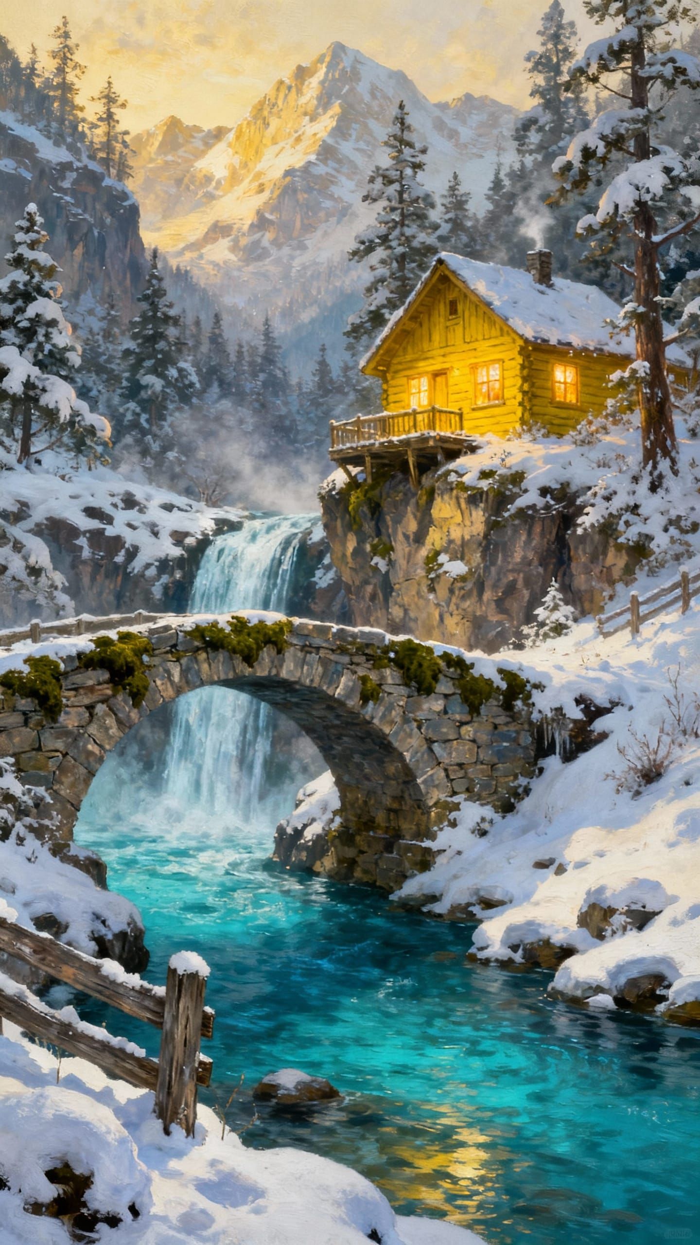 Cozy Cabin Overlooking Snowy River: Digital Painting