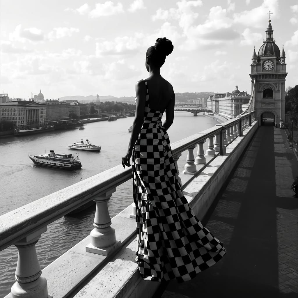 Elegant Woman on Bridge in Monochromatic Photorealistic Styl...