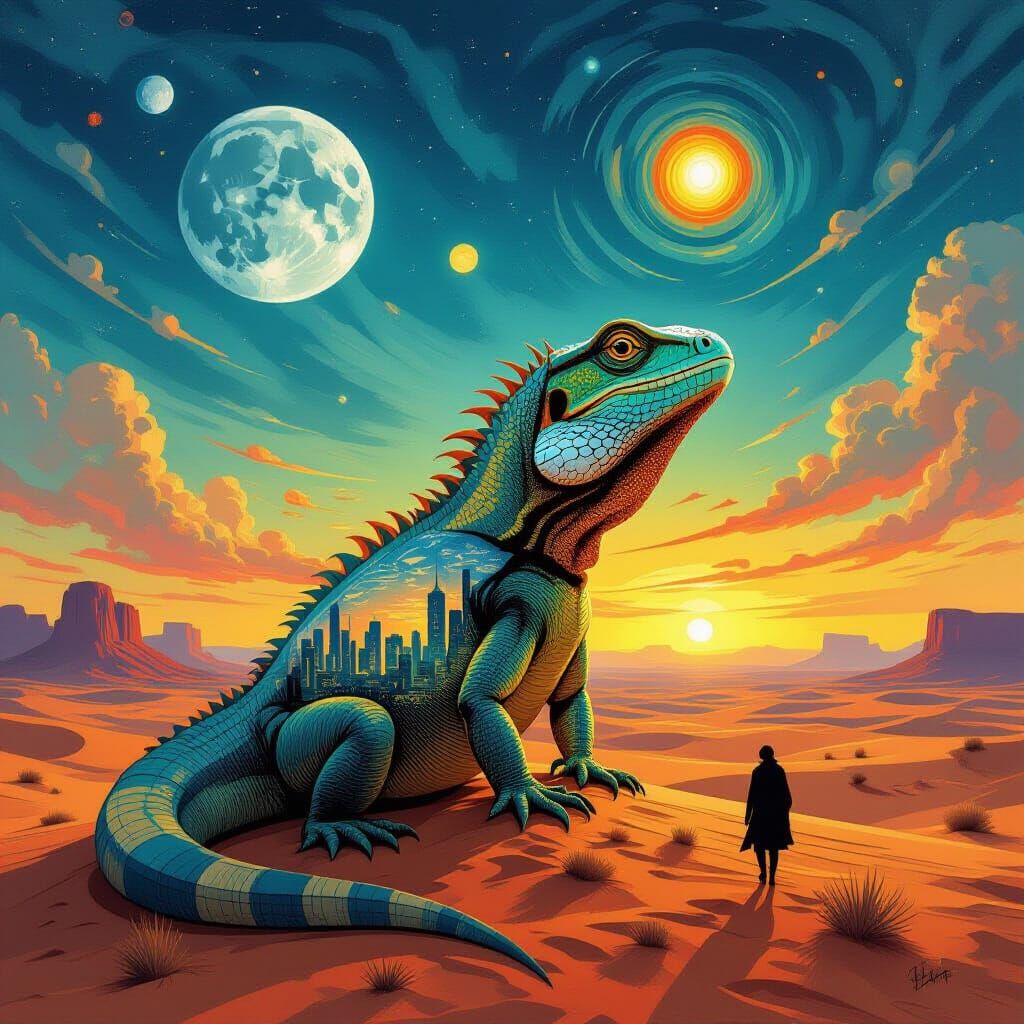 Giant Transparent Lizard in Alien Desert Landscape