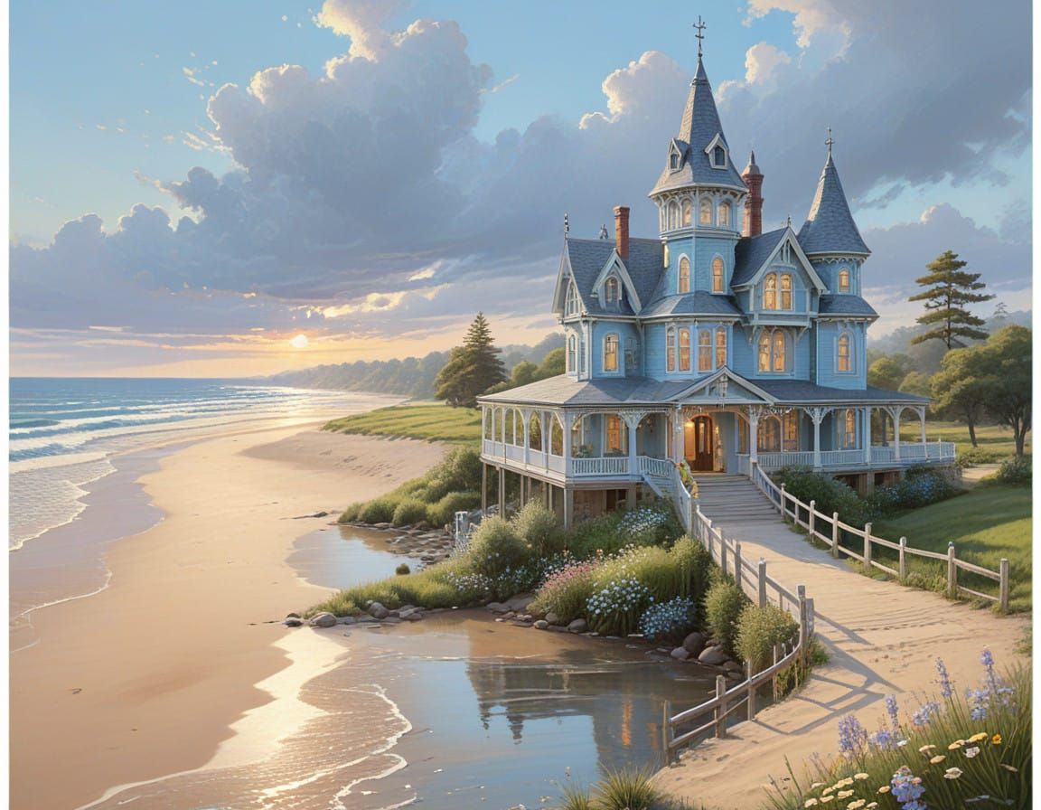 Ethereal Victorian Mansion Amidst Whimsical Gardens and Rive...