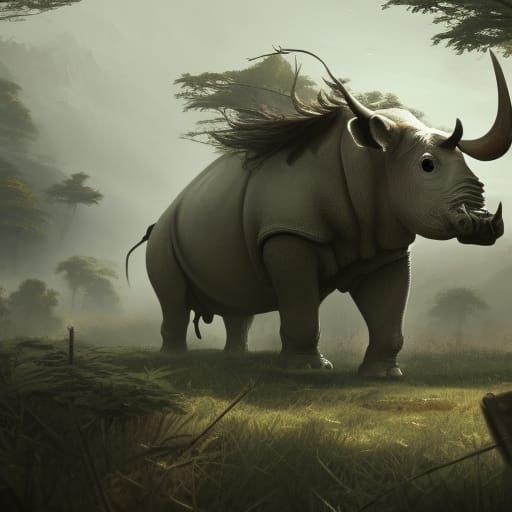 Poacher Aiming at Rhinoceros in Dark Fantasy Style