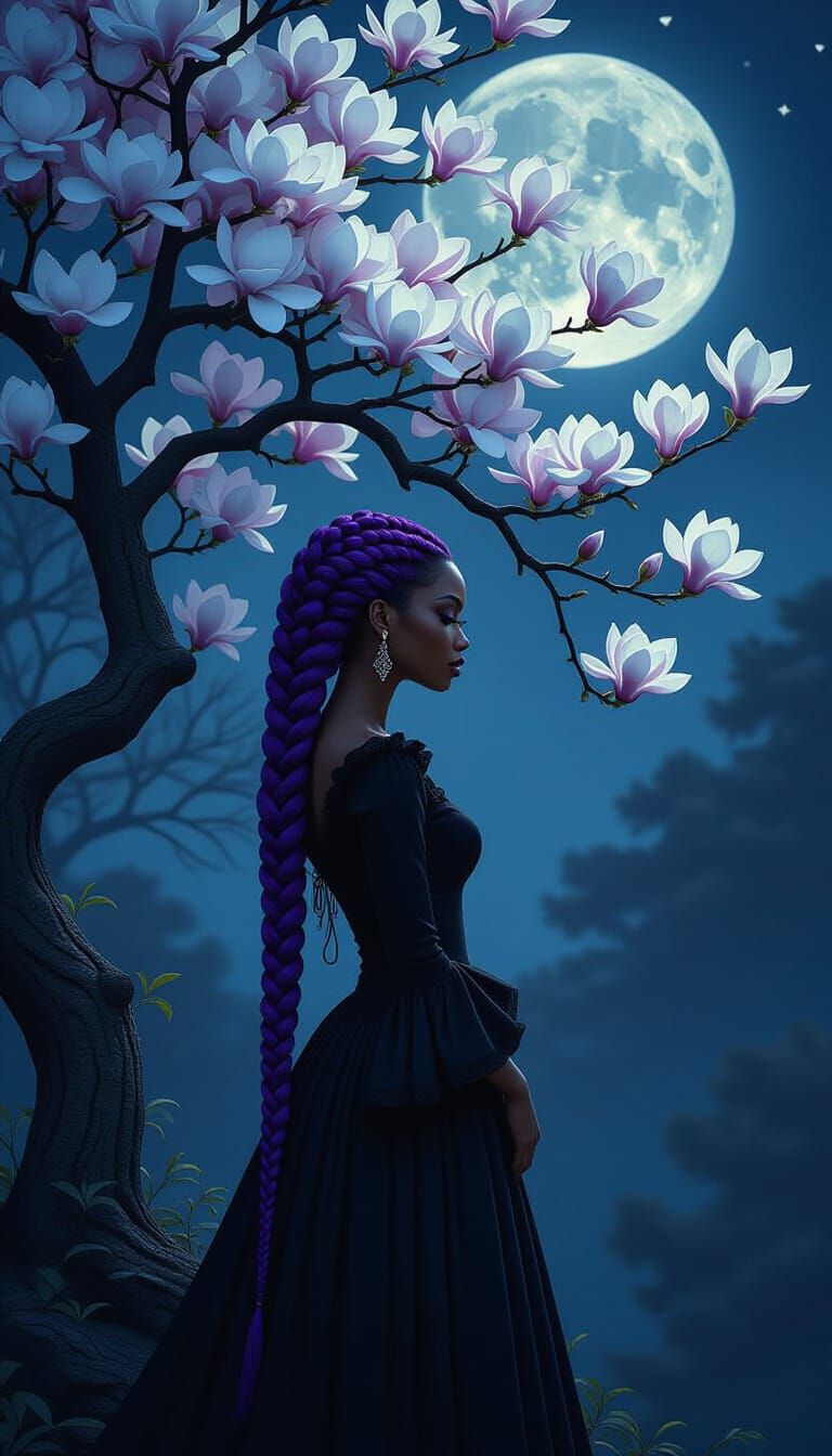 a gothic African American woman standing under a magnolia tr...