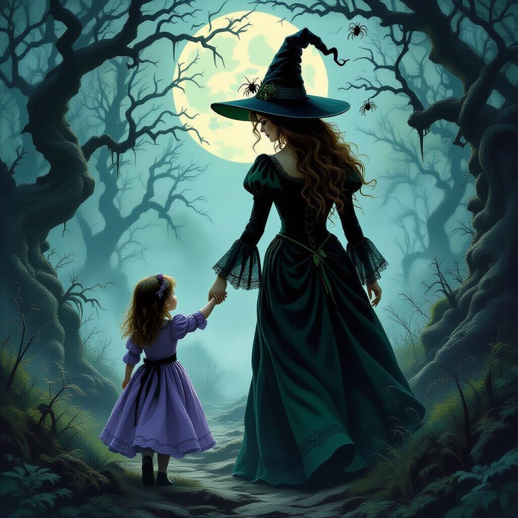 Witch Leads Child From Spooky Forest in Dark Fantasy Style