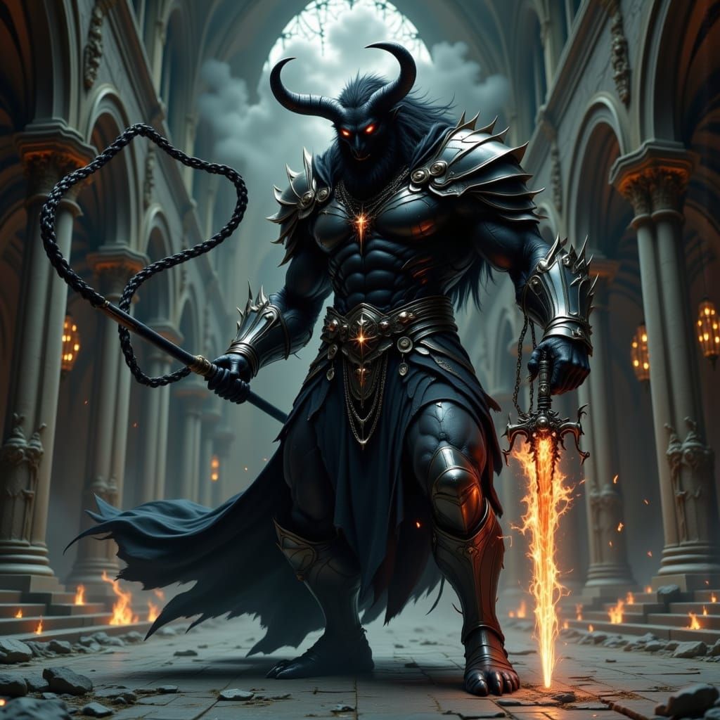 Minotaur in Gothic Cathedral with Cat-o'-nine-tails
