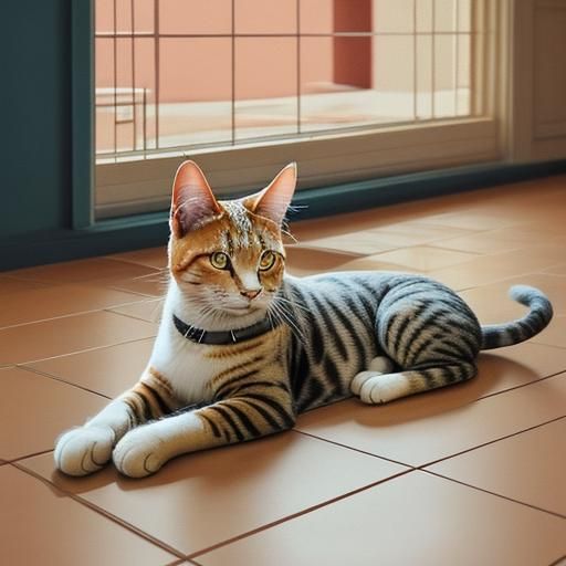 Relaxed cat with orange and white fur lying on the floor til...